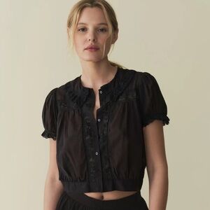 Doen Skylark Cotton Lace Collar Button Crop Short Puff Sleeve Blouse Top Black